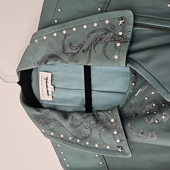 Free People x Nigel Preston Chain Embellished Biker Jacket Aqua - Picture 15 of 17